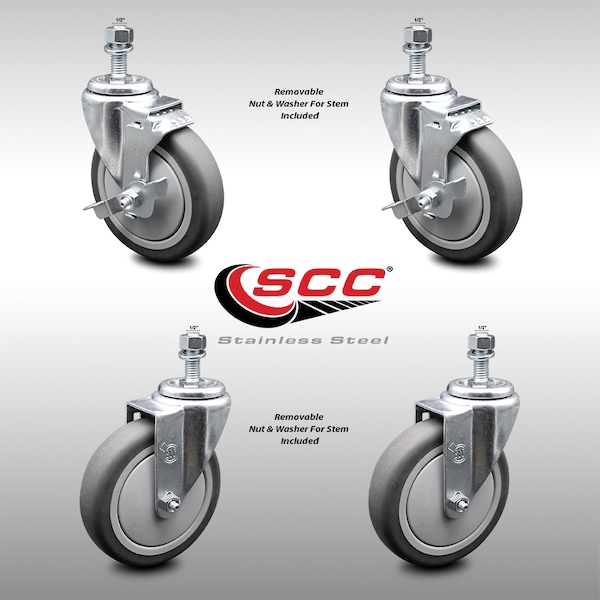 Service Caster 5 Inch SS Thermoplastic Rubber Swivel 1/2 Inch Threaded Stem Caster Brakes, 2PK SCC-SSTS20S514-TPRB-121315-2-TLB-2 - main